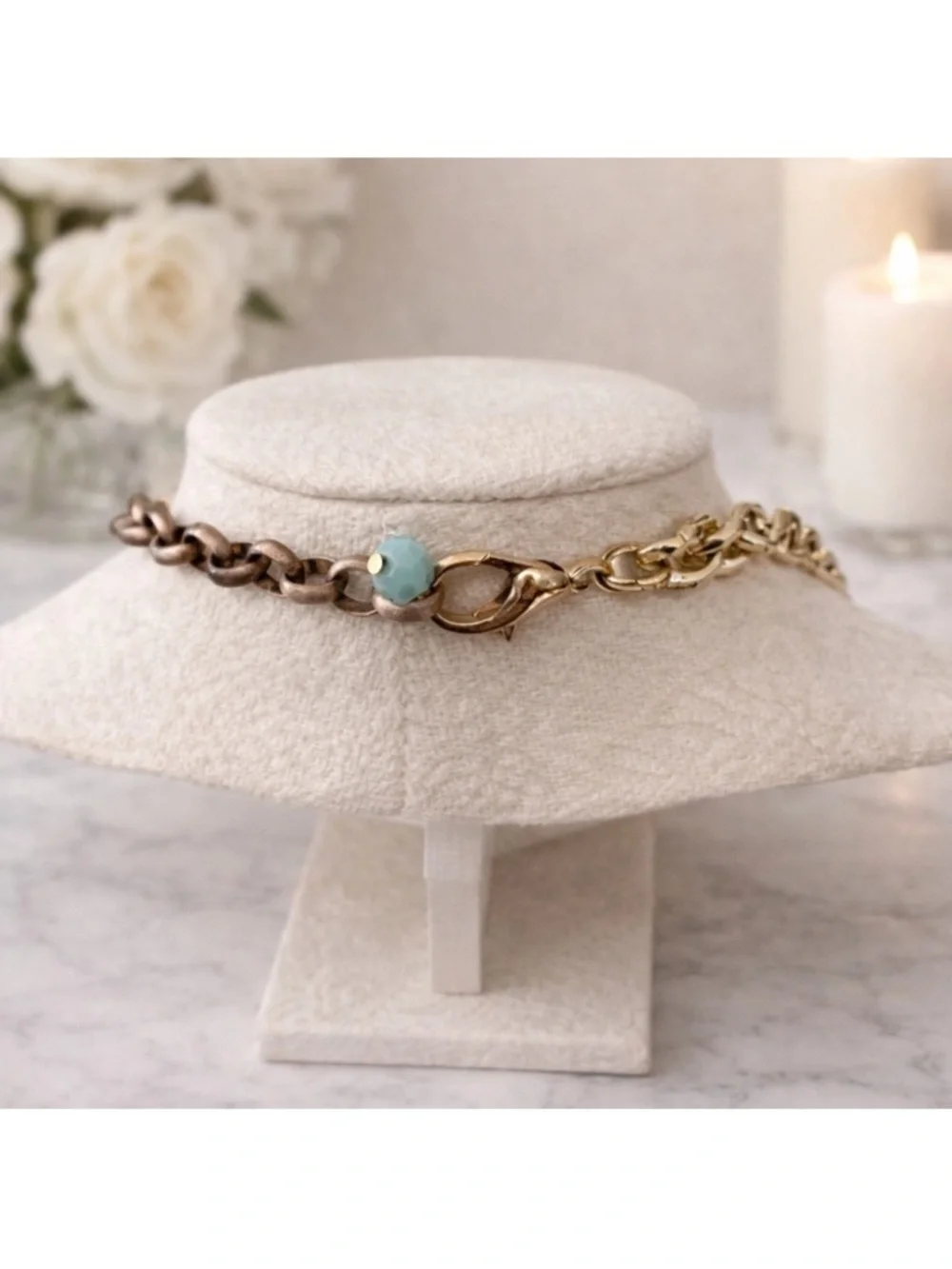 Gold Statement Necklace with Turquoise and Blush Pink Color Beads - Picture 7 of 12
